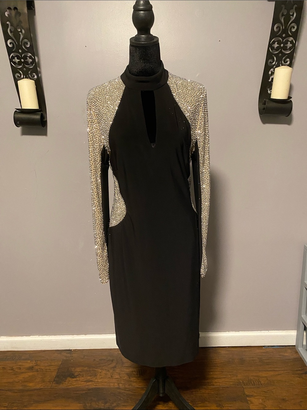 Xscape Black Dress with Silver Sequin Sleeves